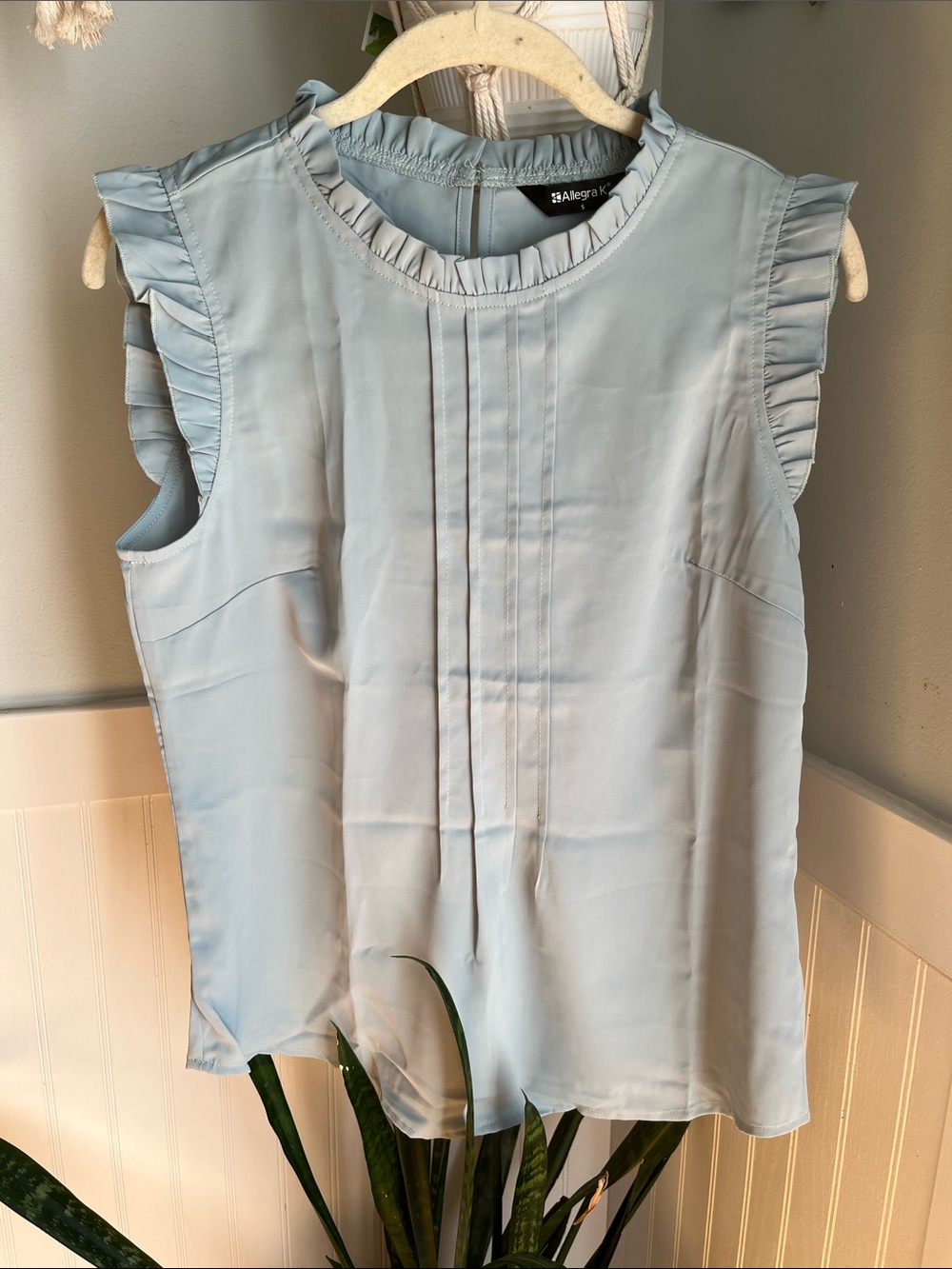 Allegra K Pale Blue Ruffle Pintuck Sleeveless Blouse